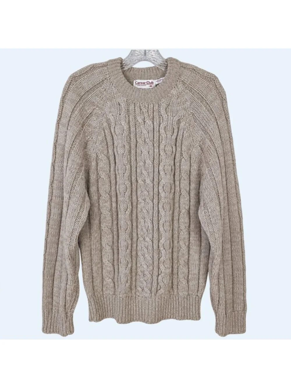 Career Club Men's Sweater Sz M Vintage 1980 Khaki Fisherman Cable Knit Acrylic